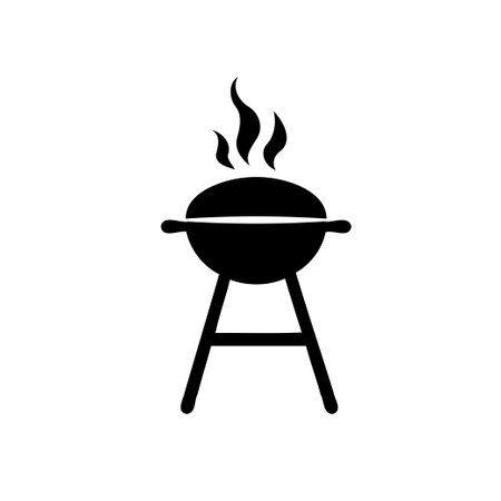 A simple, silhouetted icon depicts a charcoal grill with smoke rising, suggesting outdoor cooking, summer enjoyment, and social gatherings.のイラスト素材