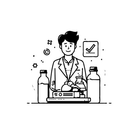 A scientist in a lab coat stands amidst laboratory equipment, ready to conduct an experiment with scientific glassware. Illustrating discovery and research, this image represents progress in science.のイラスト素材