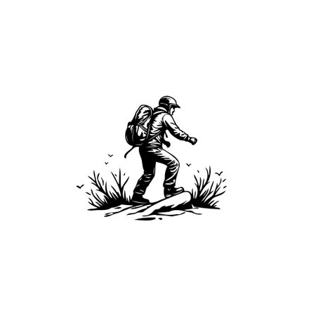 Monochrome depiction of a hiker with a backpack climbing on a rock. The design captures the essence of outdoor adventures, sports, and the exploration of nature's beauty.のイラスト素材