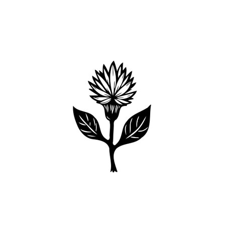 A graphic black and white illustration of a flower with leaves. Suitable for various designs that require a touch of botanical elegance and simplicity.のイラスト素材