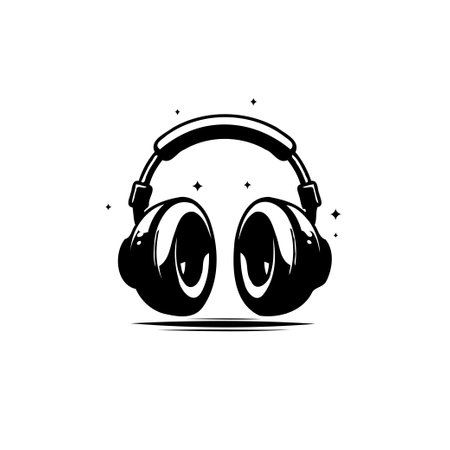 A clean, stylized illustration of headphones in black and white, radiating subtle auditory energy and shimmering dust particles. Great for music and audio tech.のイラスト素材