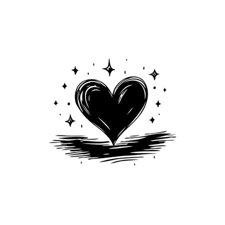 Monochromatic illustration showcasing a heart shape surrounded by scattered stars, resting on a textured foundation, symbolizing heartfelt emotion in artistic form.のイラスト素材