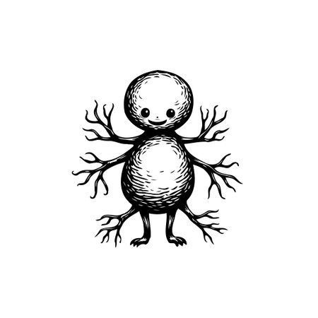 Stylized drawing with hatching of a smiling multi-armed monster creature, a whimsical piece showcasing an unusual subject in detailed ink work.のイラスト素材