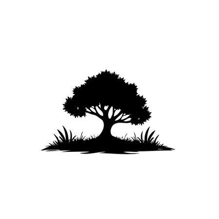 A serene silhouette of a tree stands gracefully on a bed of vegetation, exuding a sense of tranquility and simple beauty against a plain backdrop.のイラスト素材