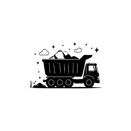 A clean, black and white illustration showing a stylized dump truck carrying a load of rocks. Stars and clouds are depicted in the background.のイラスト素材