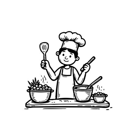 A delightful, handcrafted image of a cheerful chef character in action, surrounded by cooking implements and ingredients. This engaging illustration evokes a sense of warmth and home-cooked goodness.のイラスト素材