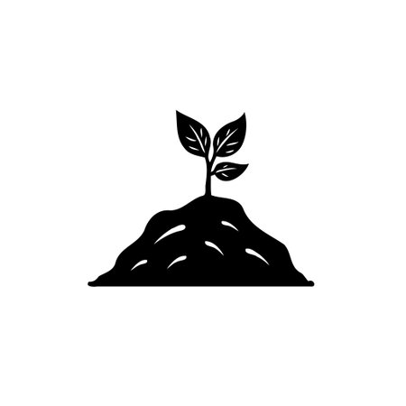 A minimalist illustration depicts a small seedling emerging from a mound of soil, symbolizing new growth, nature's resilience, and the potential for renewal.のイラスト素材