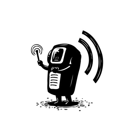 A whimsical, hand-drawn illustration of a small, boxy robot broadcasting signals. The design is minimalist, using monochrome tones and clean lines to create a vintage yet futuristic aesthetic.のイラスト素材
