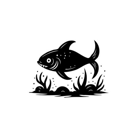 A striking monochromatic illustration of a piranha amidst stylized aquatic plants. The graphic design evokes a sense of raw nature and the underwater world, suitable for various creative projects.のイラスト素材
