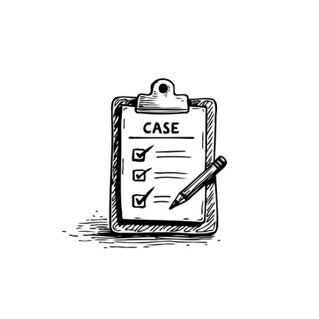 Hand-drawn illustration of a clipboard displaying a 'case' checklist with a pencil, indicating task completion, analysis and document review.のイラスト素材