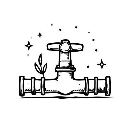 A simplistic, monochrome illustration depicts a plumbing valve adorned with a small sprout. Suggests concepts of managed resources, growth, or the integration of nature with infrastructure.のイラスト素材