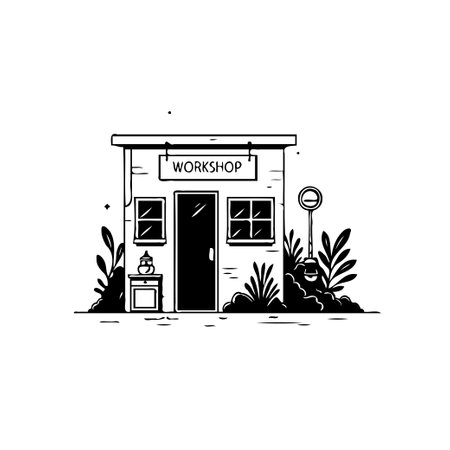 A simple monochrome illustration depicts a workshop building nestled among greenery, suggesting a tranquil outdoor workspace or creative studio. The minimalist design evokes a sense of calm and simplicity.のイラスト素材