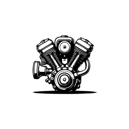 Detailed black and white illustration of an engine, highlighting its mechanical complexity and vintage aesthetic. The artwork focuses on showcasing the structural integrity and intricate design of the motor, emphasizing precision and power.のイラスト素材