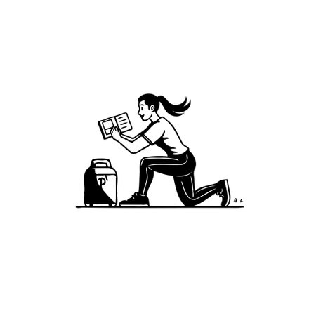 A woman kneeling outdoors reads a book next to a portable refrigerator box. Illustration conveys a serene moment of learning and leisure in a simple, minimalistic style.のイラスト素材