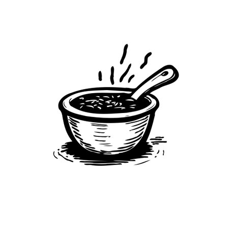 A hand-drawn illustration features a steaming bowl with a spoon. The image evokes a sense of simple comfort and the warmth of a homemade meal. The monochromatic art style adds a rustic feel.のイラスト素材
