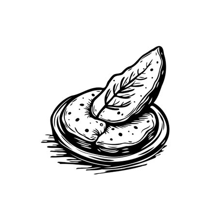 A hand-drawn image shows pancakes served on a plate, topped with a single leaf, in a simplistic sketch style suitable for illustrating morning breakfast or brunch.のイラスト素材