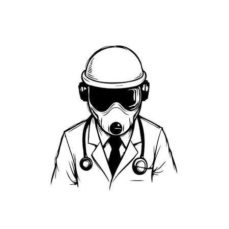 A monochromatic illustration features a health worker wearing protective gear, highlighting the importance of safety and care during public health emergencies, rendered in a hand-drawn style.のイラスト素材