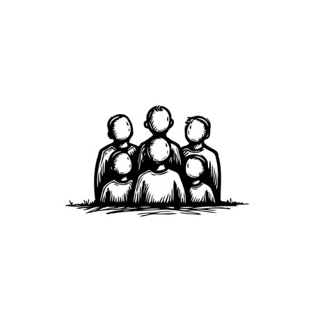 A monochrome, hand-drawn illustration depicts a group of people gathered closely, emphasizing unity and solidarity. The anonymous figures symbolize community and togetherness.のイラスト素材