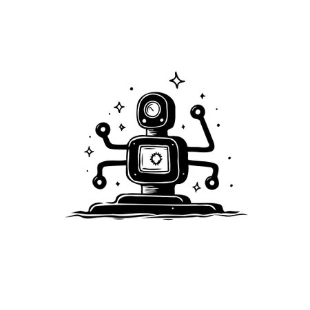 A monochrome illustration portrays a whimsical robot amidst twinkling stars, its retro design evokes a sense of futuristic charm and imaginative possibilities.のイラスト素材