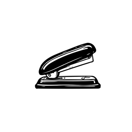 A simple monochrome illustration showcases a classic desk stapler. The tool is set against a plain white backdrop, focusing attention on its design and utility.のイラスト素材