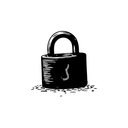 Detailed monochrome illustration of a vintage padlock. The design showcases the solid construction and secure nature of the locking mechanism, ideal for representing security and protection.のイラスト素材