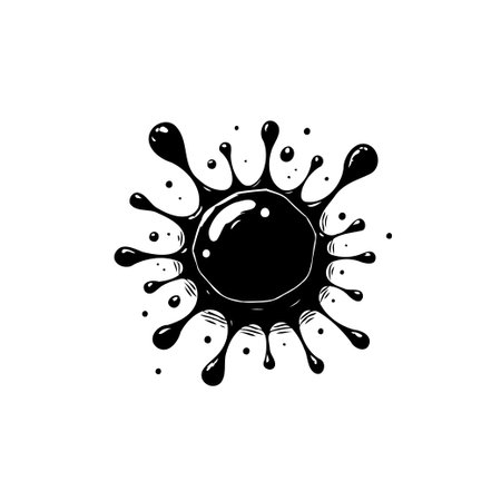 A striking abstract design featuring a radial black ink blot, radiating outward with droplets and glossy highlights. Perfect for artistic, graphic projects or designs.のイラスト素材