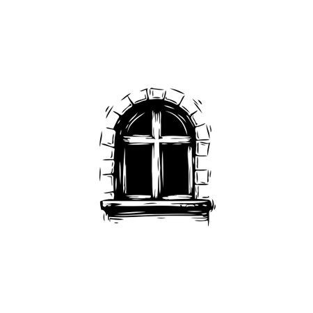 Detailed artistic monochrome drawing of an arched stone window, perfect for architectural design or illustrating aged aesthetics. The stone frame and cross design bring rustic charm.のイラスト素材