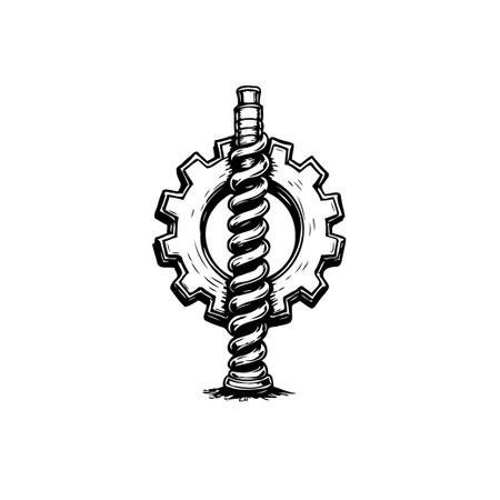 Detailed illustration of a cogwheel with a tightly wound spiral rod, conveying a sense of intricate mechanical engineering and precise industrial design. The grayscale art evokes a technical manual aesthetic.のイラスト素材