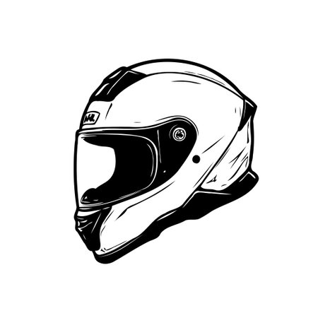 A detailed monochrome illustration depicts a motorcycle helmet. The design emphasizes angular lines and smooth curves to showcase both vintage aesthetics and modern protective features.のイラスト素材