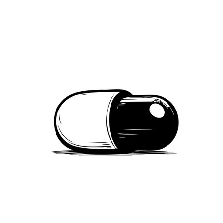 Monochrome illustration of a capsule, rendered with bold lines and stark contrasts. It evokes pharmaceutical themes, useful for health and wellness designs.のイラスト素材