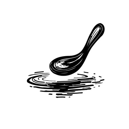 A simple, black and white illustration of a spoon touching a liquid surface, creating gentle ripples. The artwork captures a moment of quiet stillness and elegance.のイラスト素材