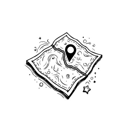 A charming hand-drawn map illustration featuring a destination marker, cosmic star details, and flowing line work, perfect for conveying travel, adventure, or guidance concepts.のイラスト素材