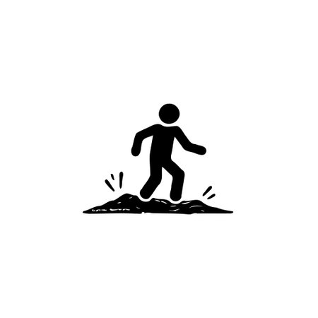 A minimalistic silhouette image depicts a stick figure carefully navigating uneven terrain. The design evokes a sense of adventure, challenge, and risk. The simple graphic style makes it versatile.のイラスト素材