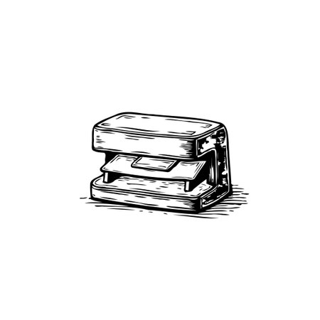 A meticulously detailed, monochrome rendering depicts a stapler. The line work is intricate, evoking a sense of precision and craftsmanship. This classic office supply is rendered in a timeless style, ideal for representing administrative tasks.のイラスト素材