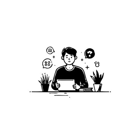 A minimalist black and white illustration featuring a person holding a tablet, surrounded by conceptual thought bubbles, conveying knowledge, questions and learning. Plants add a touch of domestic calm.のイラスト素材