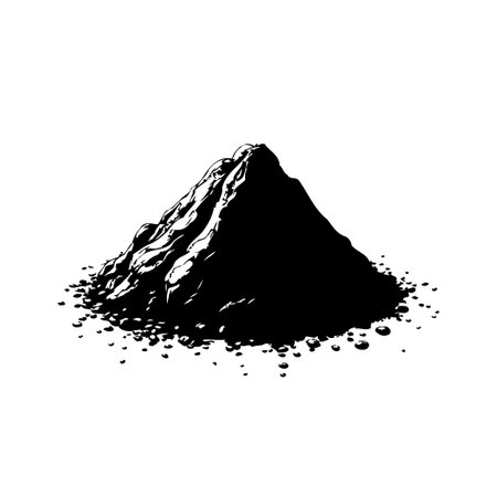 A monochrome illustration depicts a small pile of granular material on a white background. The dark aggregate has a rough, uneven texture, creating an industrial or natural impression.のイラスト素材