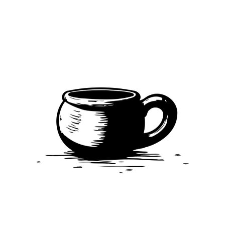 A monochrome artistic rendition of a cup with a handle, rendered in a simple sketch style. The shading gives form to the object against a clean, white backdrop.のイラスト素材