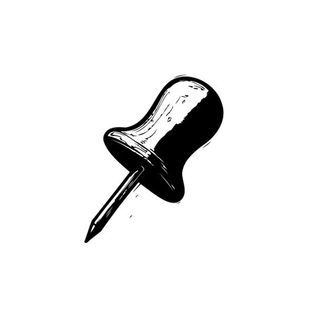 A simplistic and stylized illustration showcases a black thumbtack with a sharp needle. The artwork is clean, and the design is suitable for various creative applications.のイラスト素材