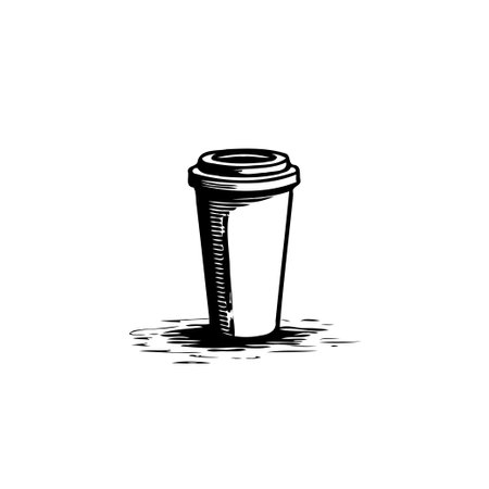 A simple monochrome sketch presents a disposable coffee cup. The image evokes the feeling of a quick takeaway moment, perfect for illustrating coffee culture or beverage-related designs.のイラスト素材