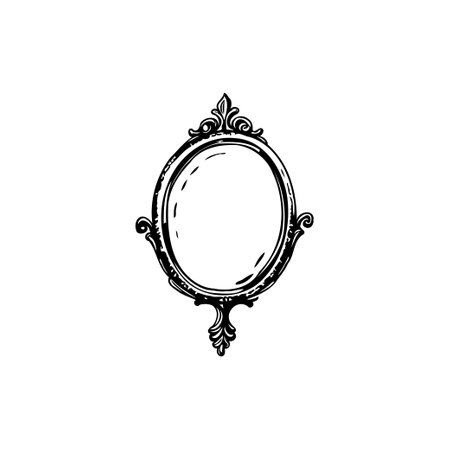 Intricate monochrome illustration showcases a vintage mirror frame with classic, ornate details. This refined design evokes a sense of elegance and antiquity.のイラスト素材