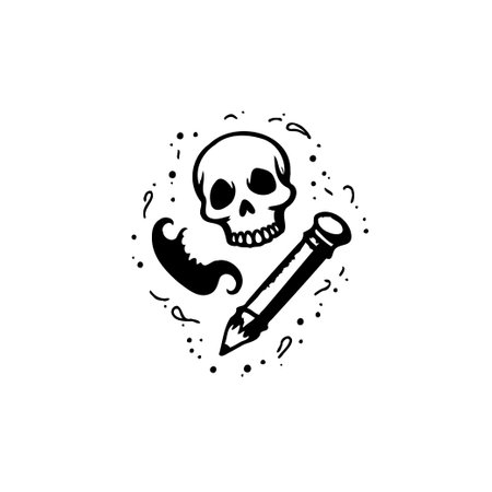 A minimalist illustration featuring a skull, pencil, and mustache on a white background. Ideal for creative design projects, especially spooky or artistic themes.のイラスト素材