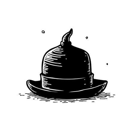 A handcrafted illustration featuring a stylized hat with unique lines and elegant design, presented in classic black and white. A beautiful representation of heritage, fashion, and artistic detail.のイラスト素材