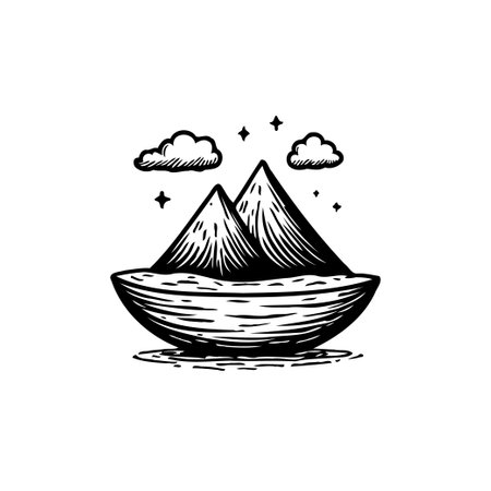 A hand-drawn illustration features floating mountains, their peaks reaching towards celestial clouds and shimmering stars. A tranquil, dreamy essence emanates from the serene landscape.のイラスト素材