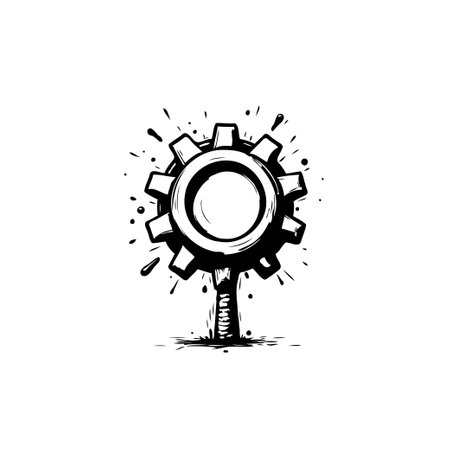 This is a graphic rendering featuring a gear with a whimsical stem, set against a stark white background. The design symbolizes creative mechanical concepts and innovations.のイラスト素材
