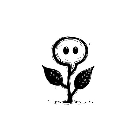 A quirky black and white doodle-style illustration featuring a plant with eyes and a bubble-shaped head. Ideal for creative, botanical, or environmental themed projects.のイラスト素材