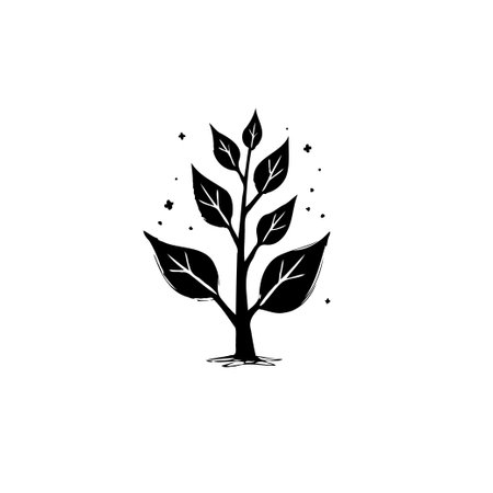 Minimalist botanical illustration of a plant seedling, rendered in black and white. This elegant artwork evokes nature and organic growth with a delicate, hand-drawn style.のイラスト素材