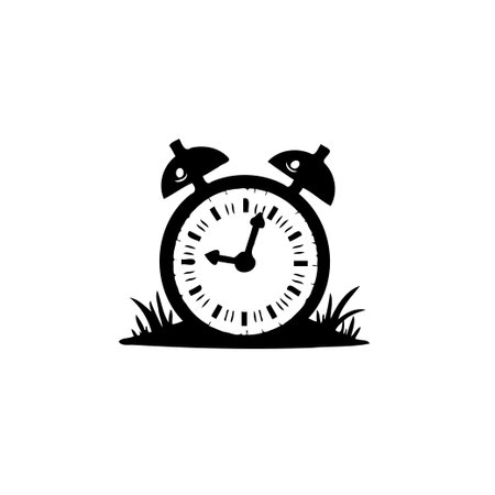 A stylized graphic illustration depicts an alarm clock nestled among blades of grass, suggesting a quiet morning scene or the gentle passing of time in nature.のイラスト素材