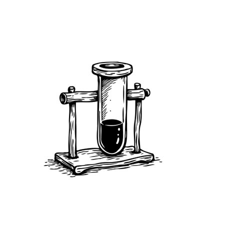 A monochrome illustration showcases vintage scientific equipment featuring a test tube partially filled with liquid. Evokes themes of research, science, and experimentation in a nostalgic style.のイラスト素材