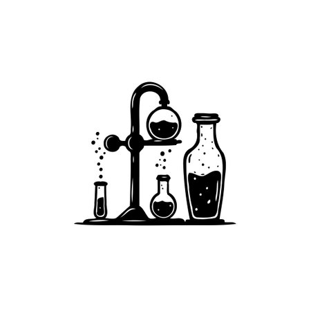 An illustration depicting scientific research with stylized laboratory glassware. Suitable for designs related to educational material, scientific exploration or chemical investigations.のイラスト素材