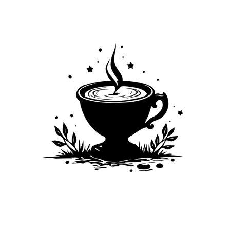 A stylish black and white vector illustration of a steaming cup of coffee or tea with botanical elements and stars, evoking feelings of comfort and relaxation.のイラスト素材